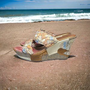 Kenzie Wedge Beige Brown Patchwork Open Toe Heels 9M